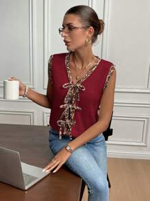 SHEIN Frenchy Women's Solid Color Patchwork Front Tie Sleeveless Simple Casual Sweater Vest Summer Christmas New Year Leopard Cheetah Red - Rose Red - View 4