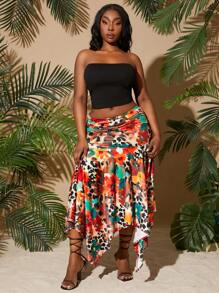 SHEIN SXY 大码女装 2025 春夏新款节日褶皱高开衩不对称下摆性感豹纹花卉印花 A 字裙，适合海滩度假、约会之夜、生日、单身派对、可爱、休闲、购物、街头服饰、外出，易于搭配且看起来苗条，凸显您的身材，修饰身材 - 彩色 - 查看 3