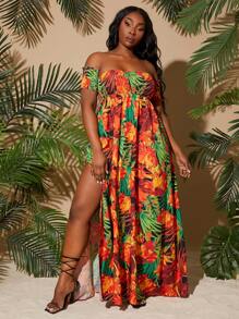 SHEIN SXY Vestido largo casual con estampado floral, manga corta, hombros descubiertos y bajo dividido, tallas grandes