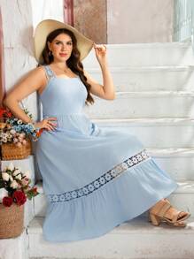 Breezaya Plus Size Women's Valentine's Day Woven Lace Patchwork Sleeveless Regular Fit Elegant Blue Midi Dress, Summer Outfits For Women, St. Patrick's Day Rave Outfits, Spring Break Outfits, St. Patrick's Boho