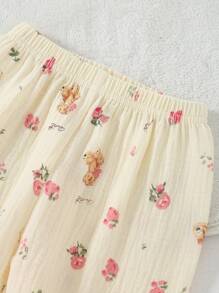 Ensemble de pyjama court à manches courtes pour jeune fille, motif ours et rose mignon, doux et confortable - Multicolore - Voir 4