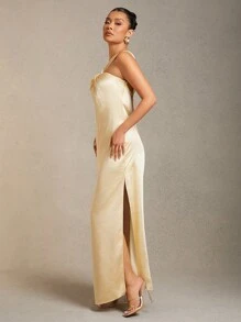 L'Amorae Twist Front Pastel Butter Yellow Satin Maxi Dress, Wedding Guest Dress, Formal Dress - Yellow - View 5