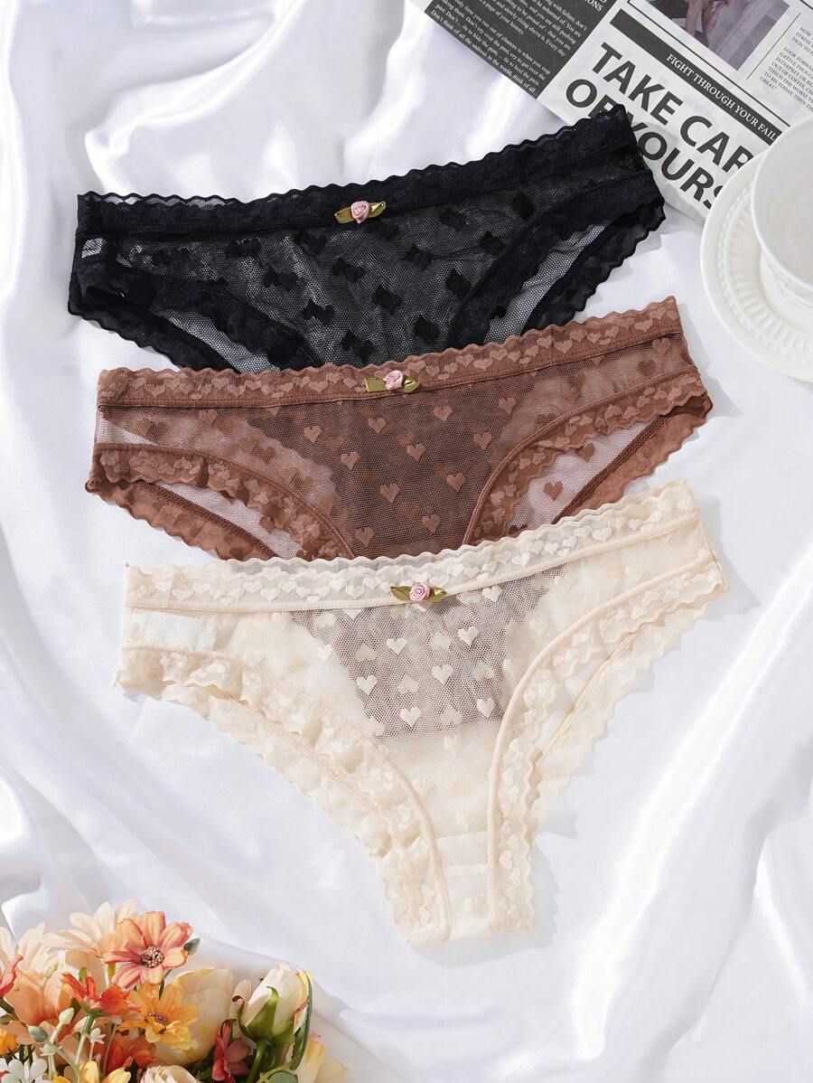 PetitDoll 3pcs Set Valentine's Day Lovely Heart Jacquard Mesh Brief For Women Lingerie - Multicolor - View 1