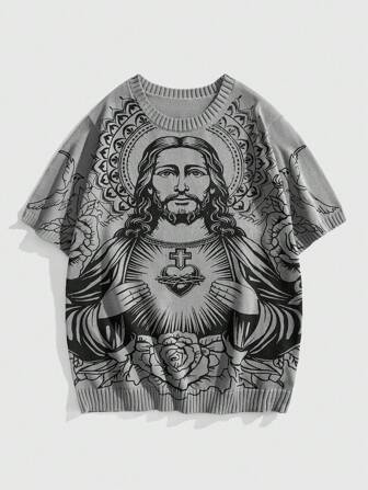Goth Pull Tricot Décontracté Rétro Col V Homme Imprimé Jésus