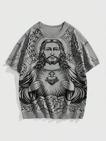 Goth Men's V-Neck Jesus Print Retro Casual Knit Sweater