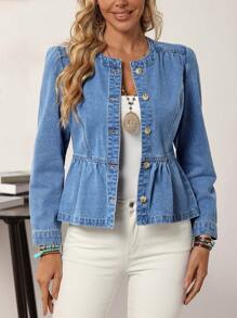 SHEIN Tall Women's Denim Jacket With Ruffle Trim Bottom And Single-Breasted Closure - Blue - View 3