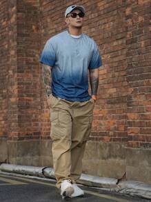 DAZY 渐变蓝色男士 T 恤，休闲简约设计，适合日常穿着，夏季 - 藍色 - 查看 4