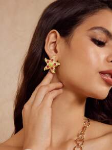 SHEIN BAE Exaggerated Metal Starfish Decorated Rhinestone Simple & Casual Earrings - Hot Pink - View 6