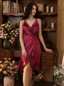 Lace Color Charmeuse Women's Long Sleeve Bathrobe & Nightgown Sleepwear Set - Burgundy - View 4