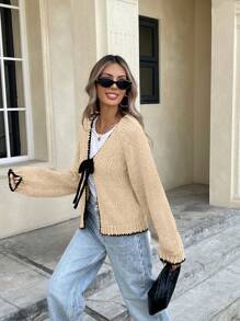 Serisse 秋冬女士撞色系带长袖休闲开衫