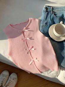 Comfortcana Top tricoté à col rond, nœud papillon, ajouré, casual, sans manches, de couleur unie