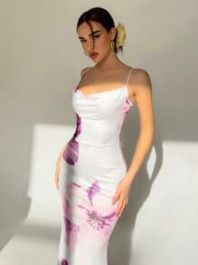 Aloruh Váy bó sát in hoa hở lưng cổ chữ V khoét sâu cho nữ - Nhiều màu - Xem 4