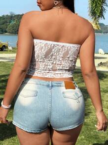 Flirla Plus Size Embroidered Lace Elegant Sweetheart Neck Top For Women - White - View 5