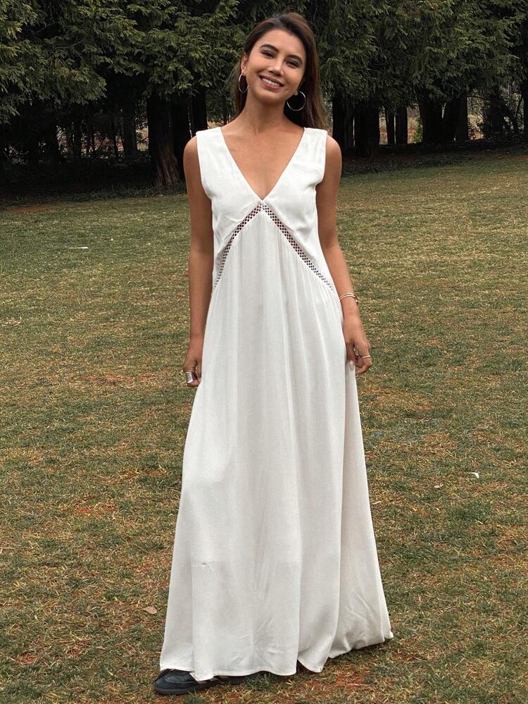 V-Neck Sleeveless Hollow Out Dress, Casual Resort Summer Dress For Women Sundress