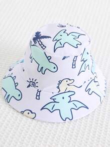 SHEIN 2pcs/Set Newborn Baby Boy/Girl Cartoon Dinosaur Print Long Sleeve Jumpsuit & Tight Pants With Sun Hat, Perfect For Spring/Summer Travel, Beach, Swimming - White - View 4