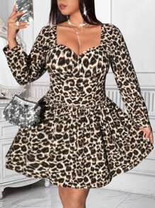 Allurite Plus Size Sweetheart Collar Long Sleeve Leopard Print Minimalist Short Dress Fall Cloth For Women