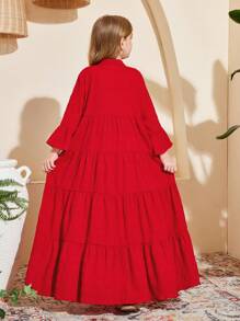 SHEIN Tween Girls' Loose V-Neck Layered Textured Fabric 3/4 Sleeve A-Line Dress - Red - View 8