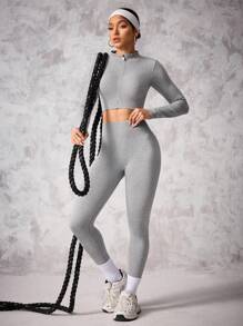 SHEIN Sport Studio Seamless Zipper Front Long Sleeve 3/4 Leggings / Yoga / Sports / High Waist Figure Shapingwomen Workout Set