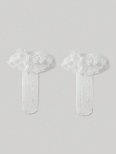 Kawaii Calcetines de media pantorrilla de color liso con adorno de encaje para mujer, de uso diario con estilo