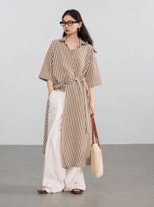 Dazy-Less Vacation Beach Striped Design Drawstring Tie Front Split Long Sleeve Shirt Dress For Women Old Money Style - Brown - View 1