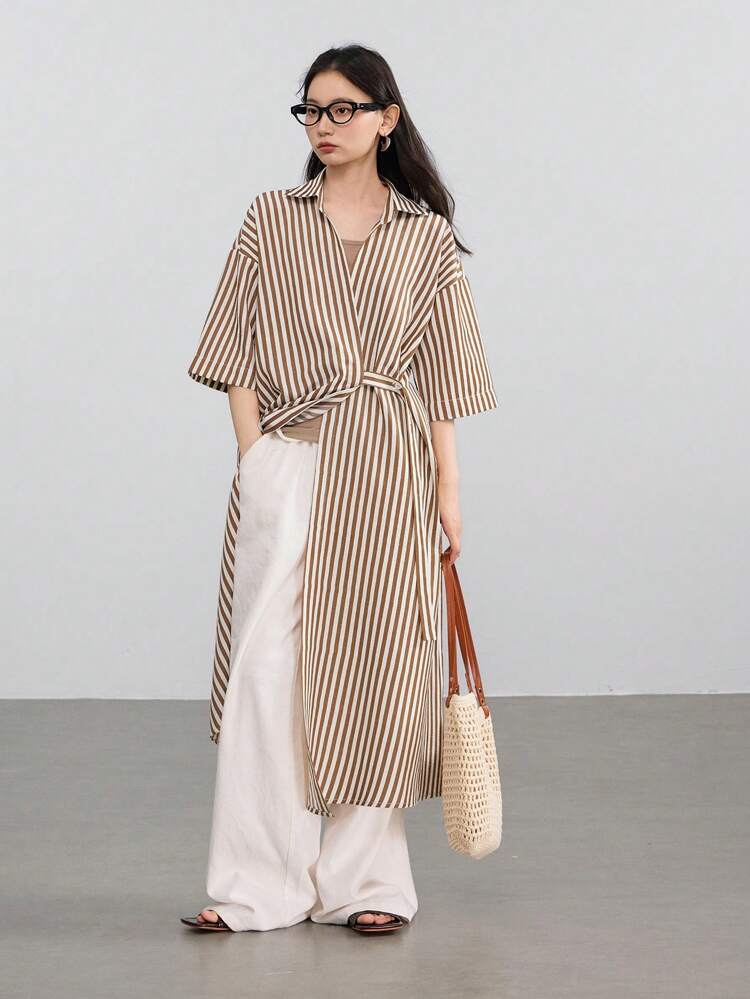 Vacation Beach Striped Design Drawstring Tie Front Split Long Sleeve Shirt Dress For Women Old Money Style