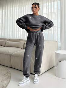 RueChic Rhinestone Detailed Grey Sweatshirt And Sweatpants Set - Grey - View 3