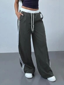 Aloruh Women's Sports Style Striped Contrast Print Low-Waist Straight Leg Tie Pants - Dark Grey - View 8