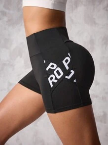 SHEIN Sports Spring/Summer Elastic Waist Short Gym Shorts With Side Splice Ribbed Pattern And Slogan, Ruched BackWomen Sweat Short, Gym Short, Biker Short - Black - View 5