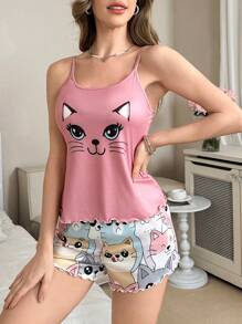 卡通猫印花荷叶边吊带背心和短裤女式睡衣套装 - 彩色 - 查看 5