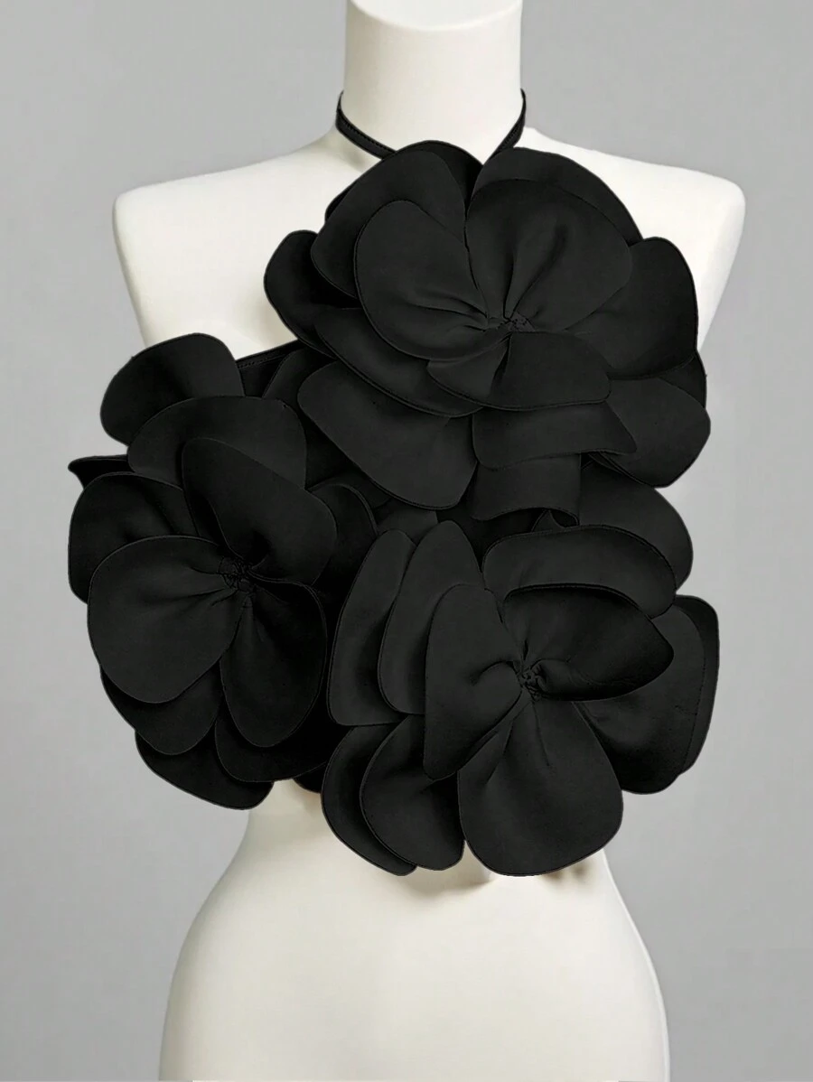 Chiquease 标准尺寸女式系带无袖罗纹针织短款上衣，带花卉装饰 - 黑色 - 查看 1