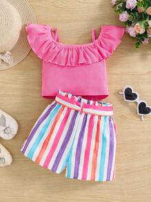 SHEIN Baby Girl Solid Color Ruffle Strap Tank Top & Striped Shorts 2Pcs Set