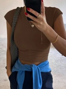 DAZY Women's Solid Color Round Neck Short Sleeve Cropped Fitted T-Shirt, Minimalist Design, Spring/Summer - Coffee Brown - View 2