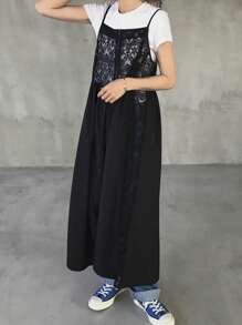 FRIFUL 女式宽松长款蕾丝拼接吊带裙，中长款太阳裙 - 黑色 - 查看 3