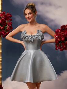 SHEIN Belle Thanh lịch, lãng mạn, tuyệt đẹp Chất liệu sáng bóng màu xám bạc, Trang trí hoa ba chiều, Không dây, Không tay ống, Váy dạ hội, Váy dự tiệc cưới, Thích hợp cho sự kiện đám cưới, Tiệc độc thân, Váy ngắn dự tiệc vũ hội ngày lễ (Phiên bản trang trí) - Xám - Xem 4