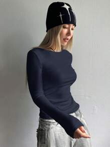 DAZY Áo thun nữ cổ tròn tay dài màu trơn, thoải mái, có lót giữ nhiệt, thời trang thu đông - Màu xanh lam - Xem 5