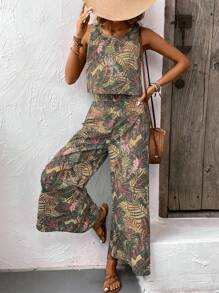 EMERY ROSE Conjunto de 2 piezas estilo bohemio con top corto de cuello redondo con estampado vintage y pantalones de pierna ancha, conjunto informal de playa y vacaciones de verano para mujer