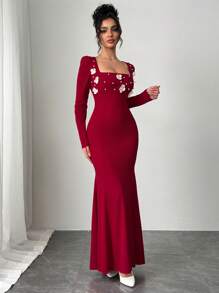 Modelyn Women's Elegant Pearl Floral High Neck Fish Tail Dress, Suitable For Parties Fall Cloth For Women