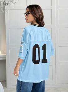SHEIN EZwear Áo thun thể thao tay ngắn rộng rãi màu khối đơn giản in kỹ thuật số và thả vai - Màu xanh lam - Xem 2