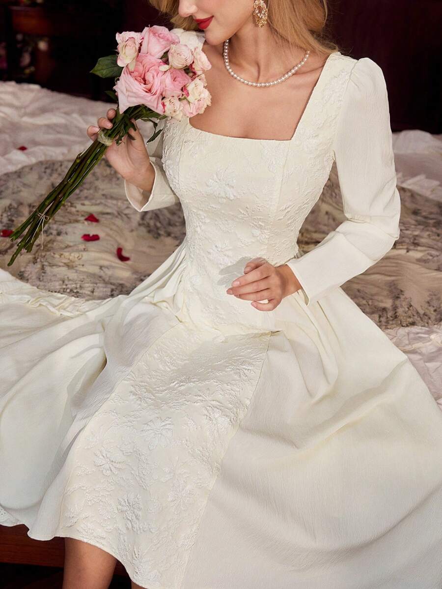 Vintamour Robe élégante rétro pour femme en jacquard ajusté à manches longues et coupe évasée, beige, vêtements de la Saint-Valentin, robes élégantes pour femmes, tenues professionnelles décontractées, robes pour invitées de mariage, vêtements d'église, robes modestes pour femmes - Beige - Voir 1