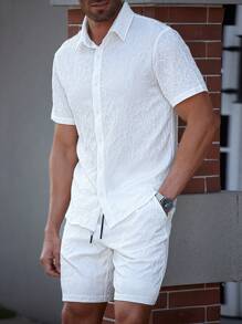 Manfinity Homme Men's Solid Color Textured Short Sleeve Shirt And Shorts Set, Casual Men Summer Clothes Men Shirt Co Ords - White - View 3