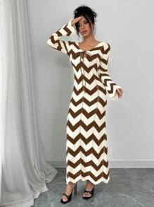 Calvaya Women Striped Lace Up Long Sleeve Casual Striped Long Sweater Dress