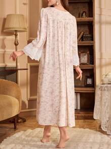 PalaceNights Vintage Ditsy Floral Loose Long Sleeve Lace Patchwork Maxi Nightgown Babydoll Luxe Loungewear, Vacation