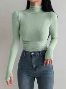 DAZY Dames coltrui lange mouw basis shirt, groen, lente/zomer