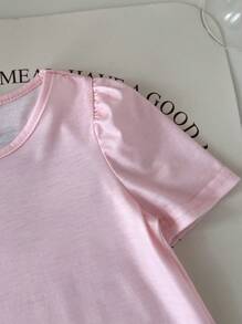 SHEIN Babygirl 休闲针织可爱卡通女童印花宽松短袖连衣裙，适合夏季 - 粉色 - 查看 4