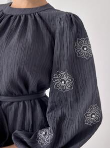 Veilorie Women Floral Embroidered Lantern Sleeve Top And Pants Arabic Style 2 Pieces Set,Modest