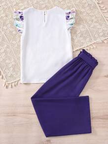 SHEIN Teen Girl ,Purple,Flower Printed Cap Sleeves With Ruffles,Round Neck Top And Paperbag Waist Pants Two Pieces Set,Leisure Travel, Holidays, Vacations Holiday Outfits - Purple - View 2