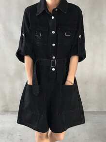 FRIFUL Women's Solid Color Waist Cinched Short Denim Bib Overalls & Jumpsuit