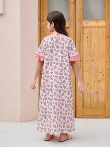 SHEIN Short mou ample à encolure ronde avec bordure en dentelle, motif floral pour jeune fille. Ensemble assorti frère/sœur, robe décontractée à manches courtes avec imprimé floral pour vacances (2 pièces vendues séparément)