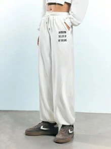 Maija Women's White Early Spring Elastic Waist Front Tie Slant Pockets Letter Print Casual Pants, Fashion Minimalist Style,Festival