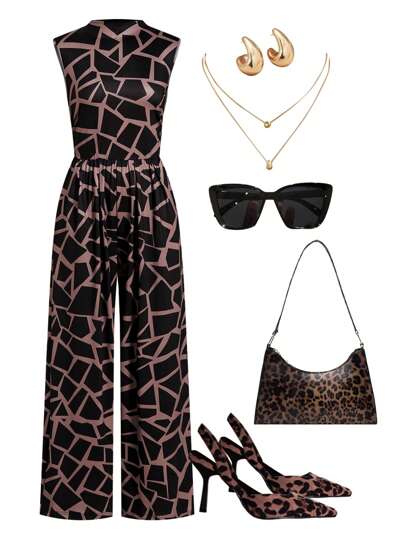 Ellevyn Women Elegant Geometric Print Jumpsuit, Comfortable Casual Holiday Spring/Summer Going Out Outfit